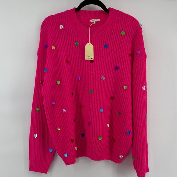 JODIFL Waffle Knit Vibrant Pink Sweater with Sequins Hearts Women's Size L NWT - Picture 8 of 9